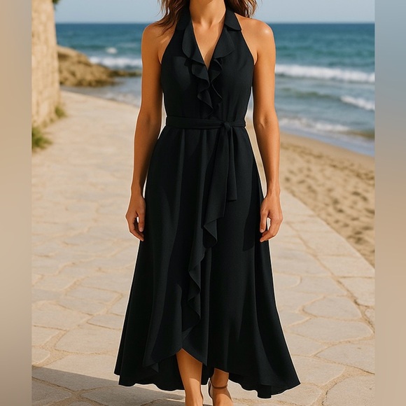 Angelina Faccenda Dresses & Skirts - Angelina Faccenda Black Dress Size 12 Halter Ruffles Formal Gown Sleeveless